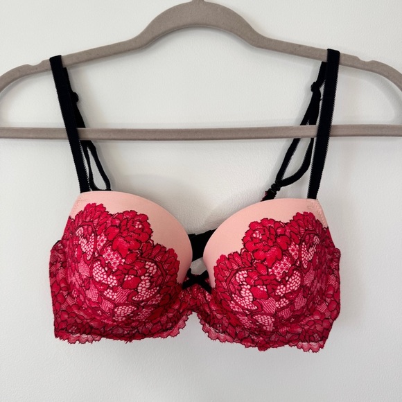Victoria's Secret Bra Dream Angels Lined Demi Pink Red Lace Black Straps Bow 34C - Picture 1 of 13
